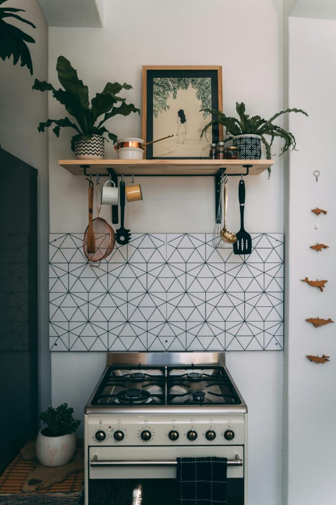 Contemporary kitchen setup featuring a gas stove, minimalist decor, and greenery.